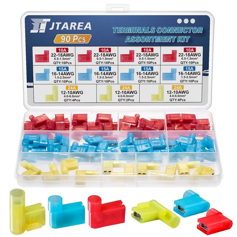JTAREA 90PCS 3 Values 90 Degree Right Angle Flag Spade Connector Wire Terminal Crimp Connectors Quick Disconnect Female Nylon Crimps Terminals for 22-18 16-14 12-10 AWG Gauge Wiring - Image 1